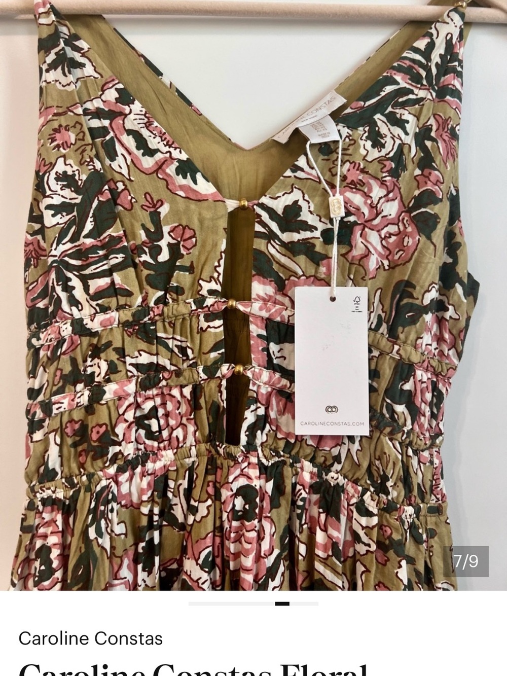 Caroline Constas green pink floral pocket cotton Anthro dress size S - Picture 3 of 8